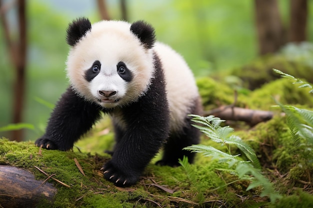 Un cachorro de panda explorando sus alrededores