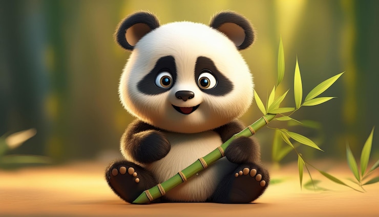 Foto un cachorro de panda feliz se sienta con un tallo de bambú