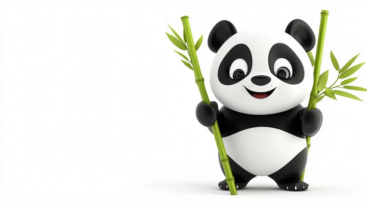 Foto un cachorro de panda juguetón sosteniendo palos de bambú y sonriendo