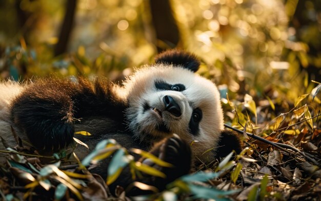 Un cachorro de panda rodando juguetón en el suelo del bosque