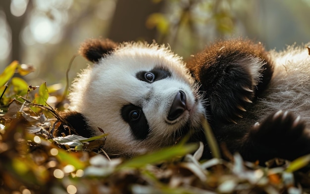 Un cachorro de panda rodando juguetón en el suelo del bosque