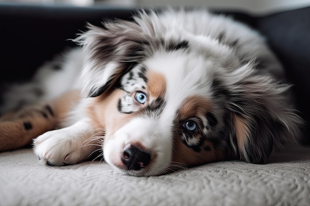 Cachorro de pastor australiano con ojos azules acostado en un sofá en casa AI generado