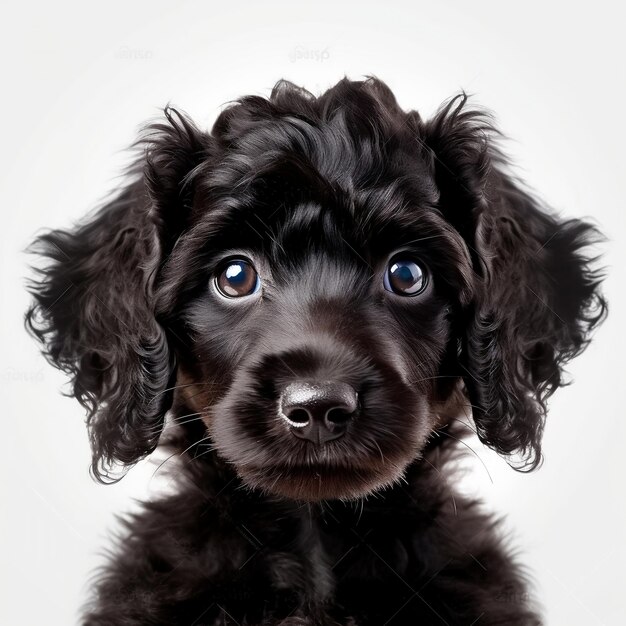 Cachorro de pelo largo rizado negro Fondo blanco IA generativa