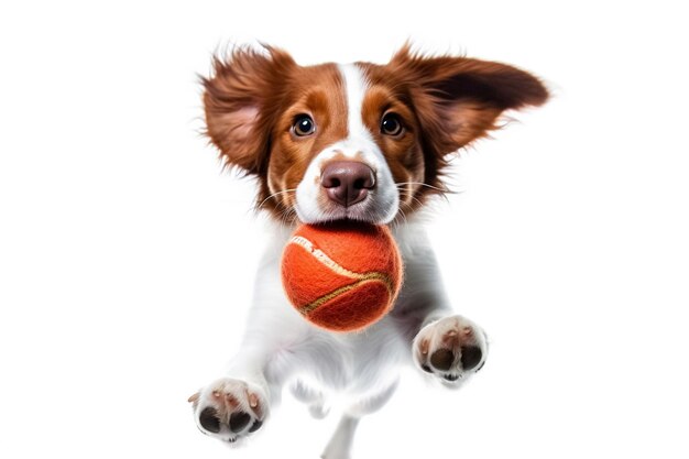 cachorro con una pelota en la boca sobre un fondo blanco Generativo Ai