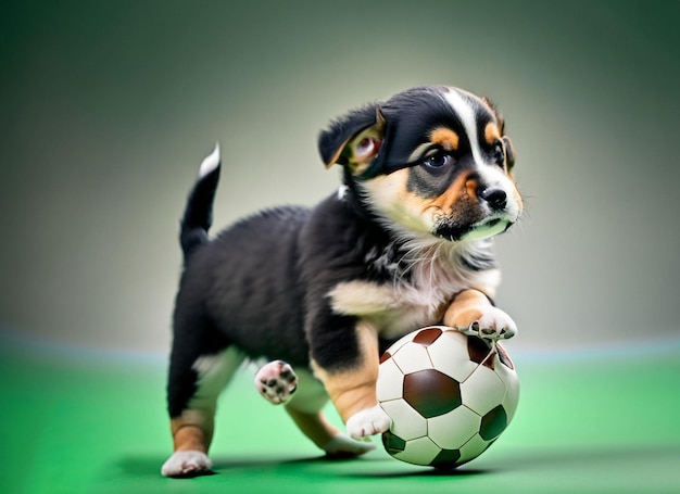 Un cachorro con una pelota de fútbol en la pata.