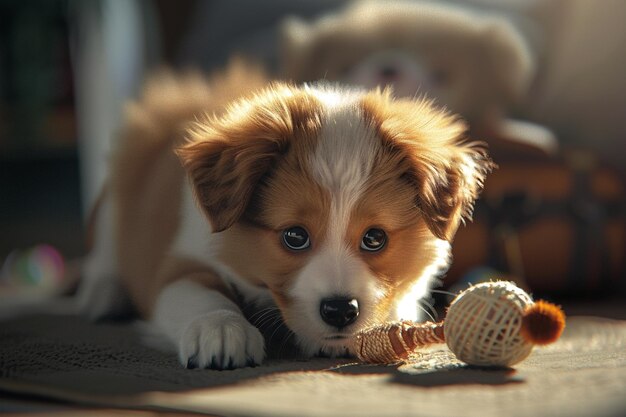 Un cachorro peludo jugando con un juguete.