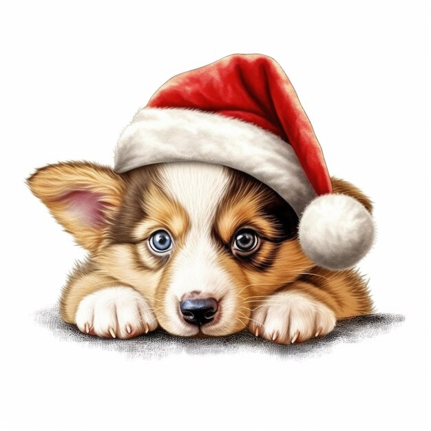 Cachorro Pembroke Welsh Corgi con gorro de Papá Noel