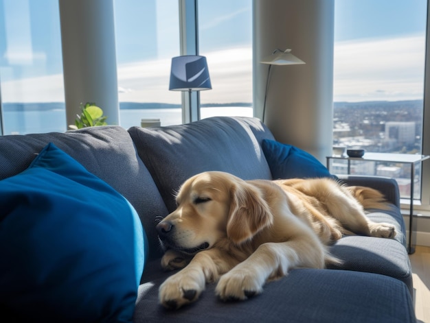 Cachorro pensativo descansando em um sofá macio com vista para a cidade