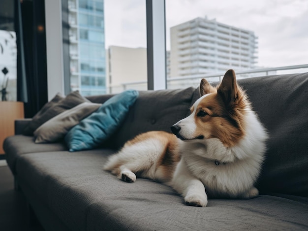 Cachorro pensativo descansando em um sofá macio com vista para a cidade