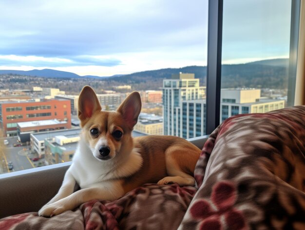 Foto cachorro pensativo descansando em um sofá macio com vista para a cidade