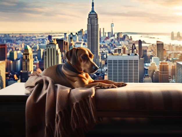 Cachorro pensativo descansando em um sofá macio com vista para a cidade