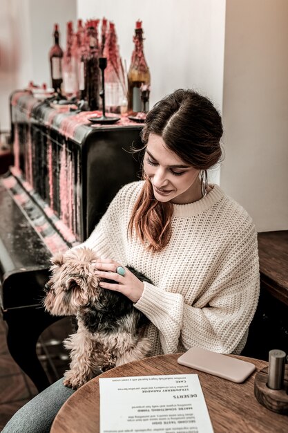 Cachorro pequeno. a jovem visitando um café com seu terrier