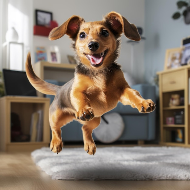 Cachorro pequeno brincalhão pulando em uma sala com iluminação natural