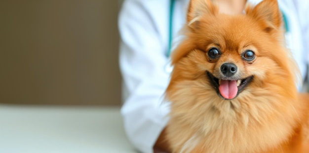 Cachorro pequeno e fofo com IA generativa sendo examinado por veterinário profissional em clínica veterinária