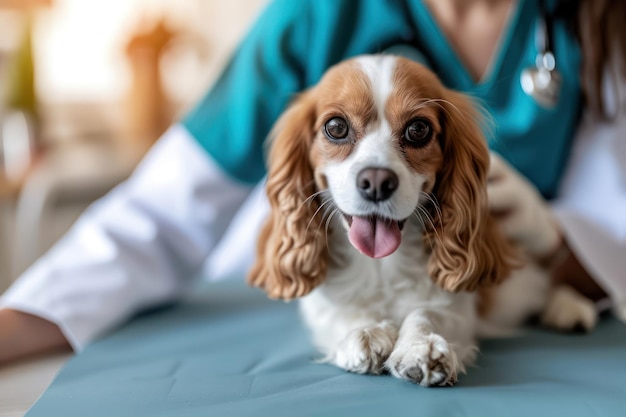 Cachorro pequeno e fofo com IA generativa sendo examinado por veterinário profissional em clínica veterinária