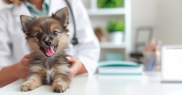 Cachorro pequeno e fofo com IA generativa sendo examinado por veterinário profissional em clínica veterinária