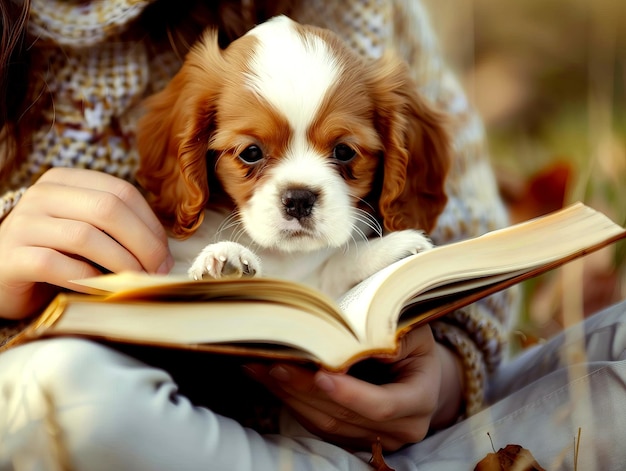 Un cachorro pequeño está leyendo un libro