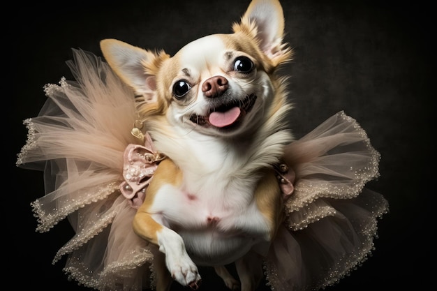 Cachorro pequeno está vestido com tutu e posando para foto com a língua para fora Generative AI