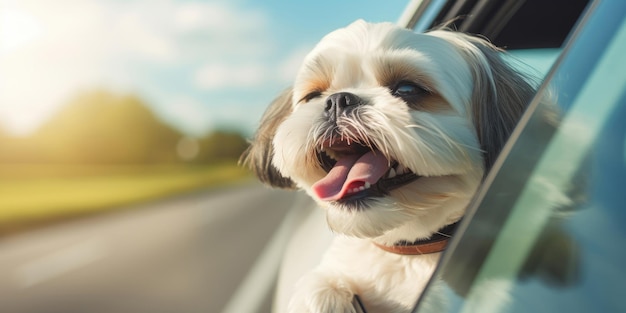 Cachorro pequeno olhando pela janela do carro em movimento na estrada