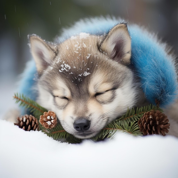 Cachorro de perro lobo de Tamaskan durmiendo en la nieve