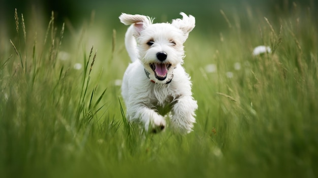 Foto cachorro de perro mascota feliz retozando en la hierba una imagen de pura felicidad mientras cruza el campo verde