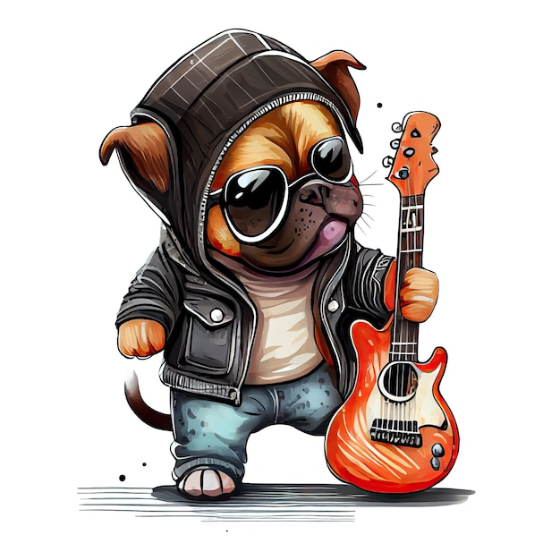 Cachorro de perro rocknroll lindo acuarela con ilustración de guitarra AI generativa