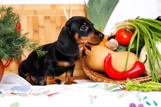 Cachorro de perro salchicha en la cocina