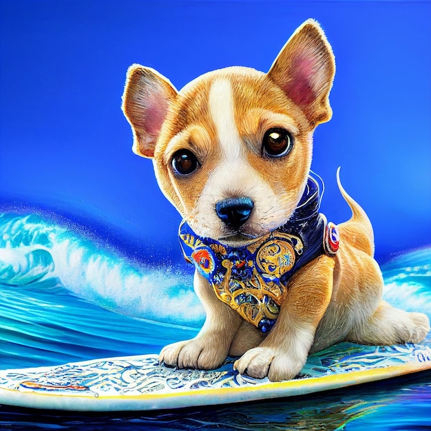 Cachorro de perro surfista surfeando con tabla de surf en la ilustración del mar