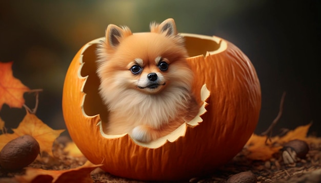 Cachorro de Pomerania posado en una calabaza picada picada