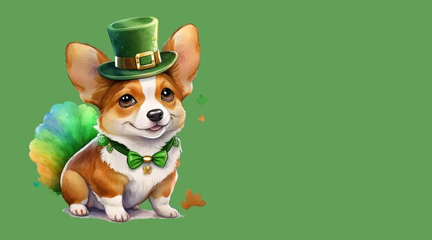 Cachorro Pomerania de San Patricio sonriente con un sombrero de duende verde sobre fondo blanco Dibujos animados de acuarela IA generativa