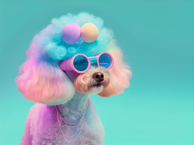 Cachorro poodle na moda usando óculos no estilo fada kei