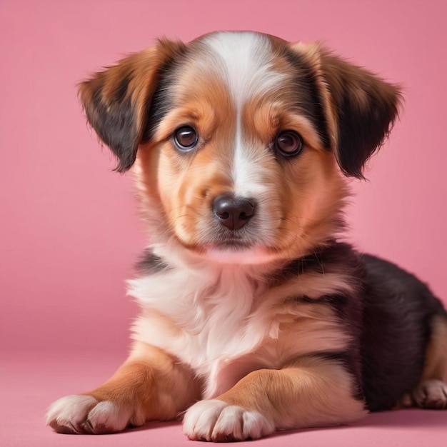 Cachorro precioso sentado bonito em rosa