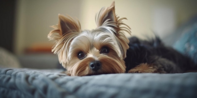 cachorro preguiçoso deitado na cama que diz yorkshire terrier