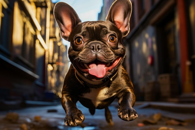 Foto cachorro preto e marrom pulando no ar com a língua para fora ia generativa