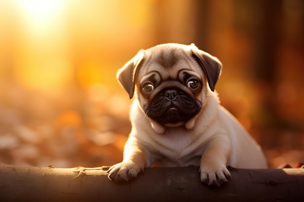 Un cachorro de pug en el bosque de otoño