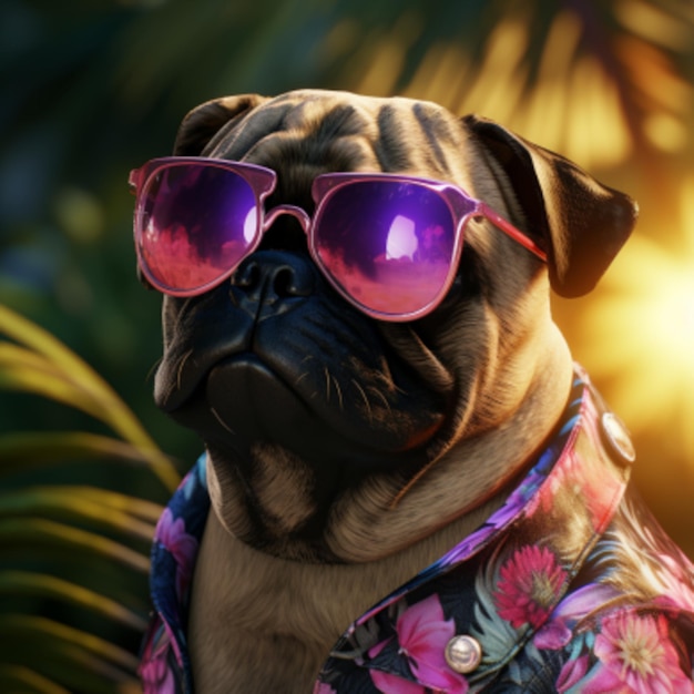 cachorro pug com óculos de praia