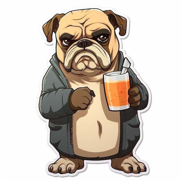 cachorro pug de desenho animado segurando um copo de cerveja e uma bebida generativa ai