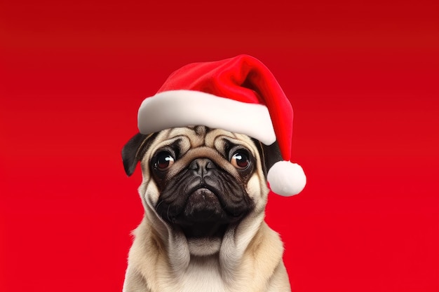 Cachorro pug engraçado com chapéu de Papai Noel em cartões de Natal de fundo liso vermelho com animais de estimação