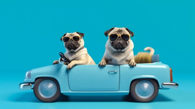 Cachorro pug engraçado com óculos de sol em um carro de brinquedo aproveitando