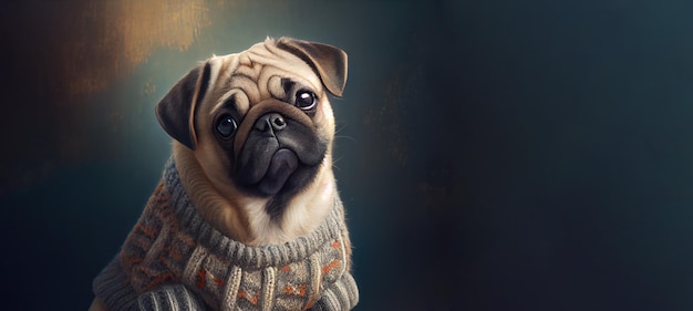 Foto cachorro pug fofo em layout panorâmico de suéter de malha quente generative ai