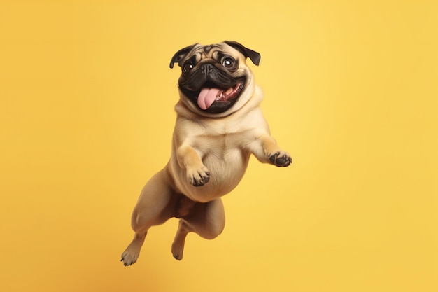 Cachorro Pug pulando sobre um fundo amarelo