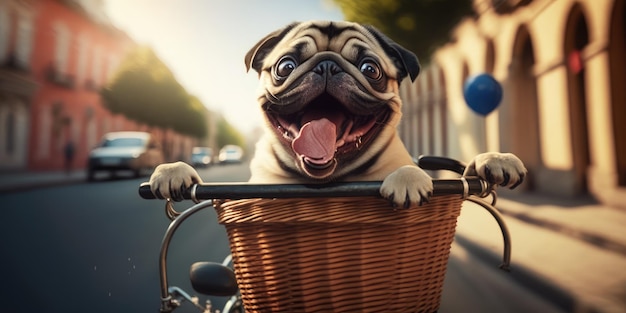 Foto cachorro pug se diverte andando de bicicleta na manhã do dia de sol no verão na rua da cidade