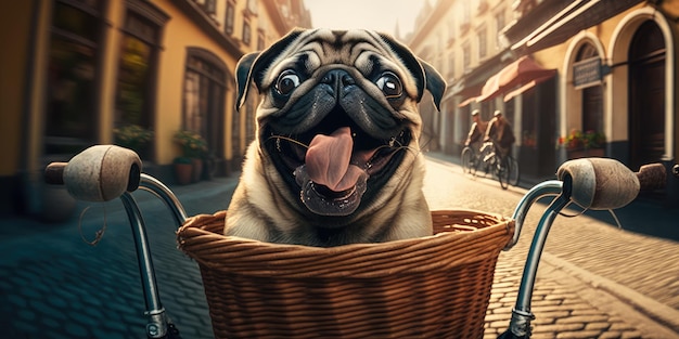 Cachorro Pug se diverte andando de bicicleta na manhã do dia de sol no verão na rua da cidade