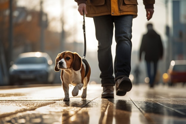 Cachorro que cuida de animais de estimação andando com dono irreconhecível na faixa de pedestres da rua da cidade AI Generated