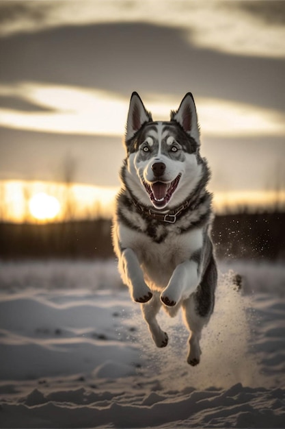 Cachorro que está correndo na neve generativa ai