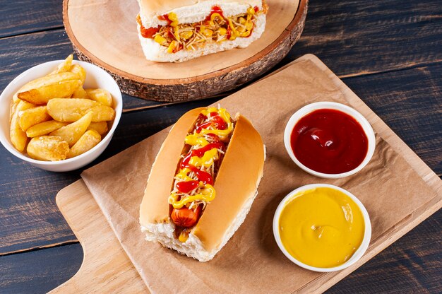 Cachorro-quente à brasileira, com mostarda, ketchup e palha de batata. Vista do topo.