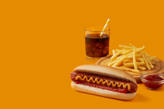 Cachorro-quente com batata frita e refrigerante no menu do café do restaurante com fundo laranja
