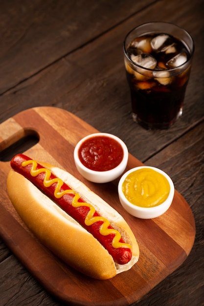 Cachorro-quente com ketchup e mostarda amarela