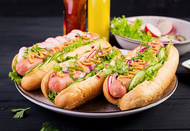 Cachorro-quente com lingüiça, pepino, rabanete e alface na mesa de madeira escura. Cachorro-quente de verão.