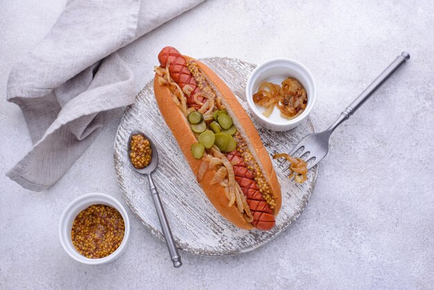 Cachorro-quente com salsichas tradicional americano fast food